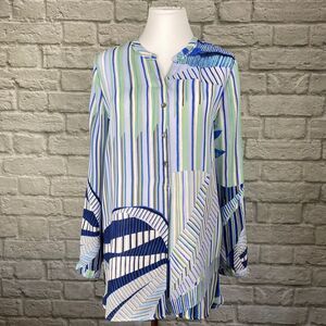 Nic + Zoe Blue Green Block Stripe Tunic Blouse